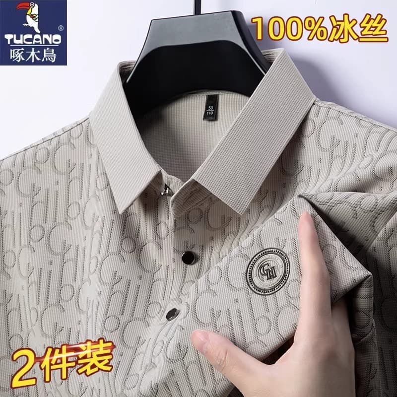 Woodpecker masculino de manga curta camiseta polo de seda gelo verão lapela meia manga sem costura fina camiseta roupas