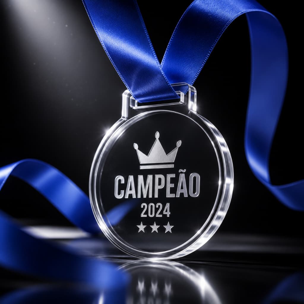 Kit 100 Medalhas Acrílico Transparente 2mm com Fita de Cetim para Premiação Eventos