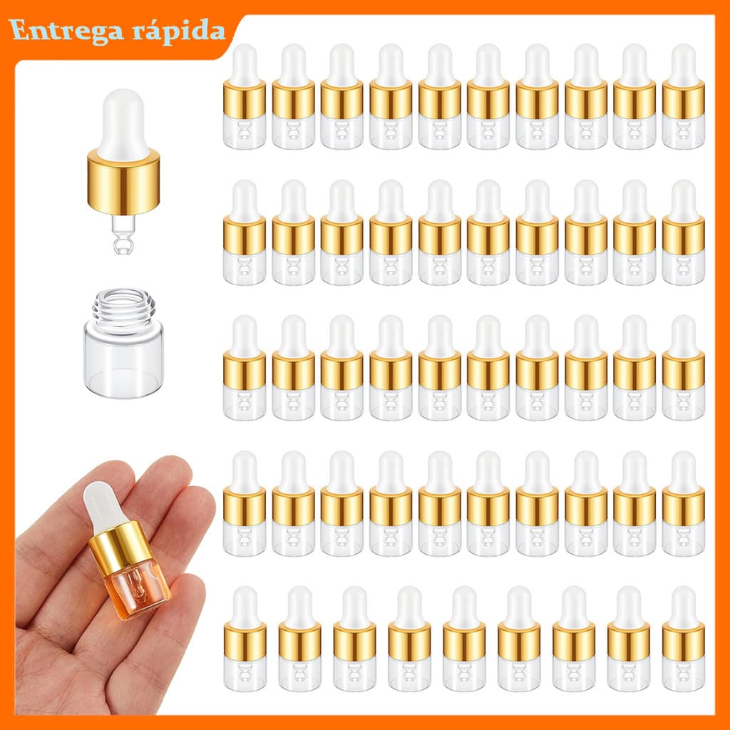 Frasco Para Sérum 1ml Kit 50 Conta Gotas Vidro Mini Pipeta Tampa Dourada Óleo Essencial Cosmético Vazio