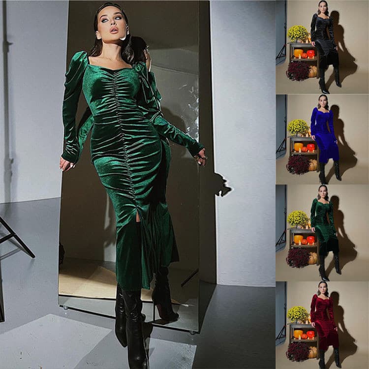 Roupas femininas de comércio exterior transfronteiriço 2026 outono inverno Slim fit elegante elegante enrugado com decot