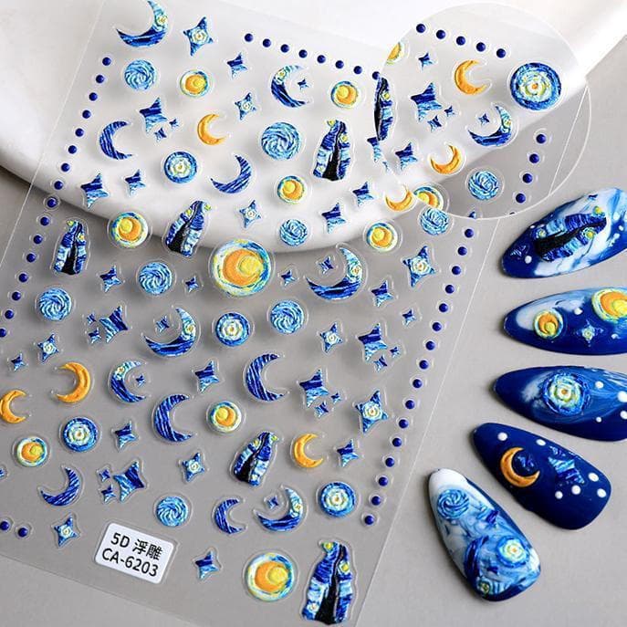Adesivos de Manicure sonho pintura a óleo céu estrelado 5D em relevo arte tridimensional criativo adesivos de unhas deco