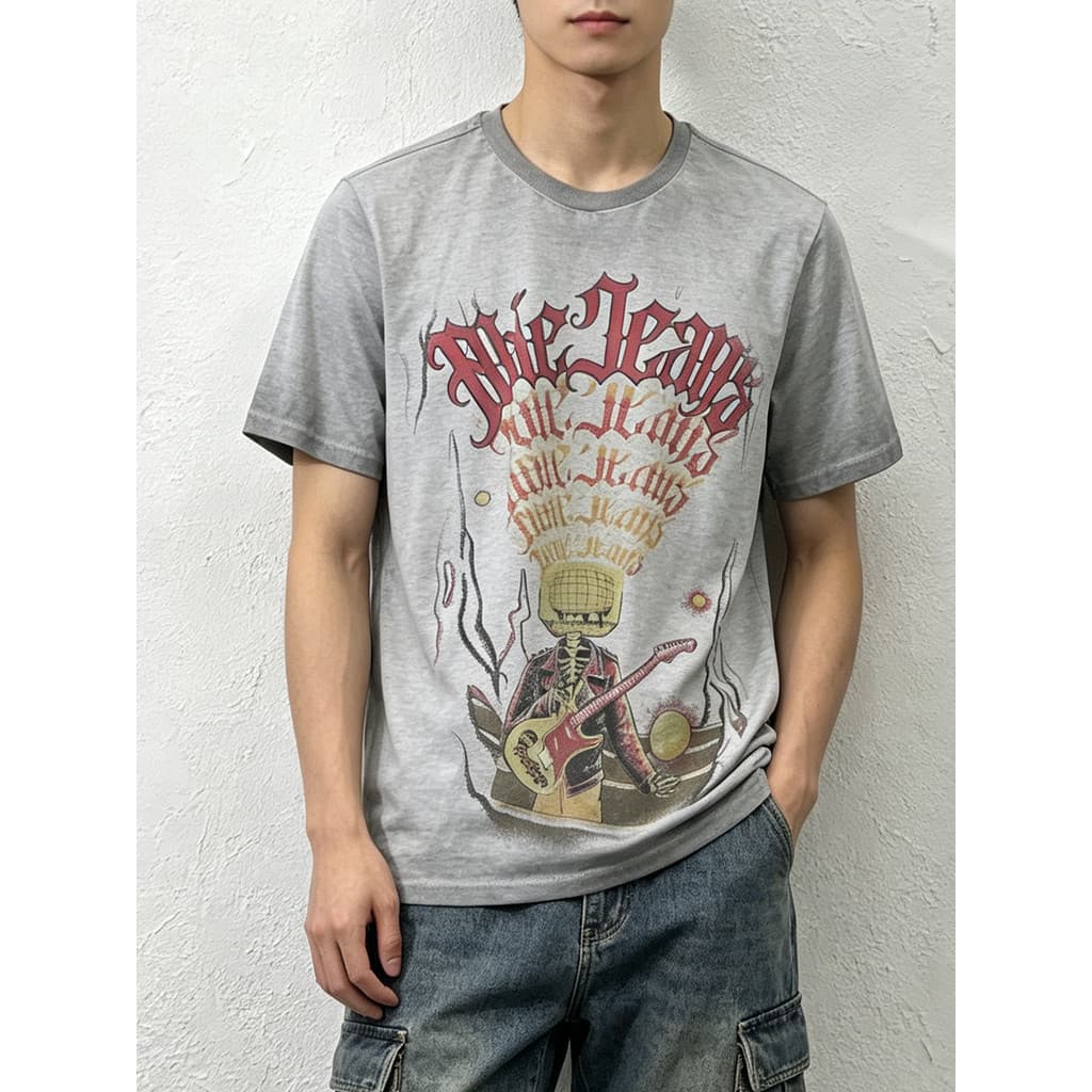Capaz JEANS masculino feminino camiseta de manga curta na moda impresso cinza sujo lavagem Retro puro algodão em torno d