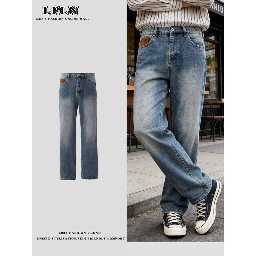 LPLN American Retro Straight Jeans Masculino High-End Feeling cleanfit Primavera Outono Lavado Jeans Azul Claro