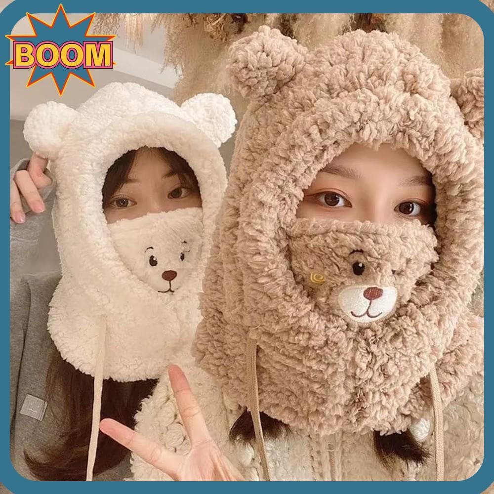 Gorro Quente e Peludo BOOM, Integrado com Cachecol e Forro à Prova de Vento, Bonés de Material Plush Premium DEZF