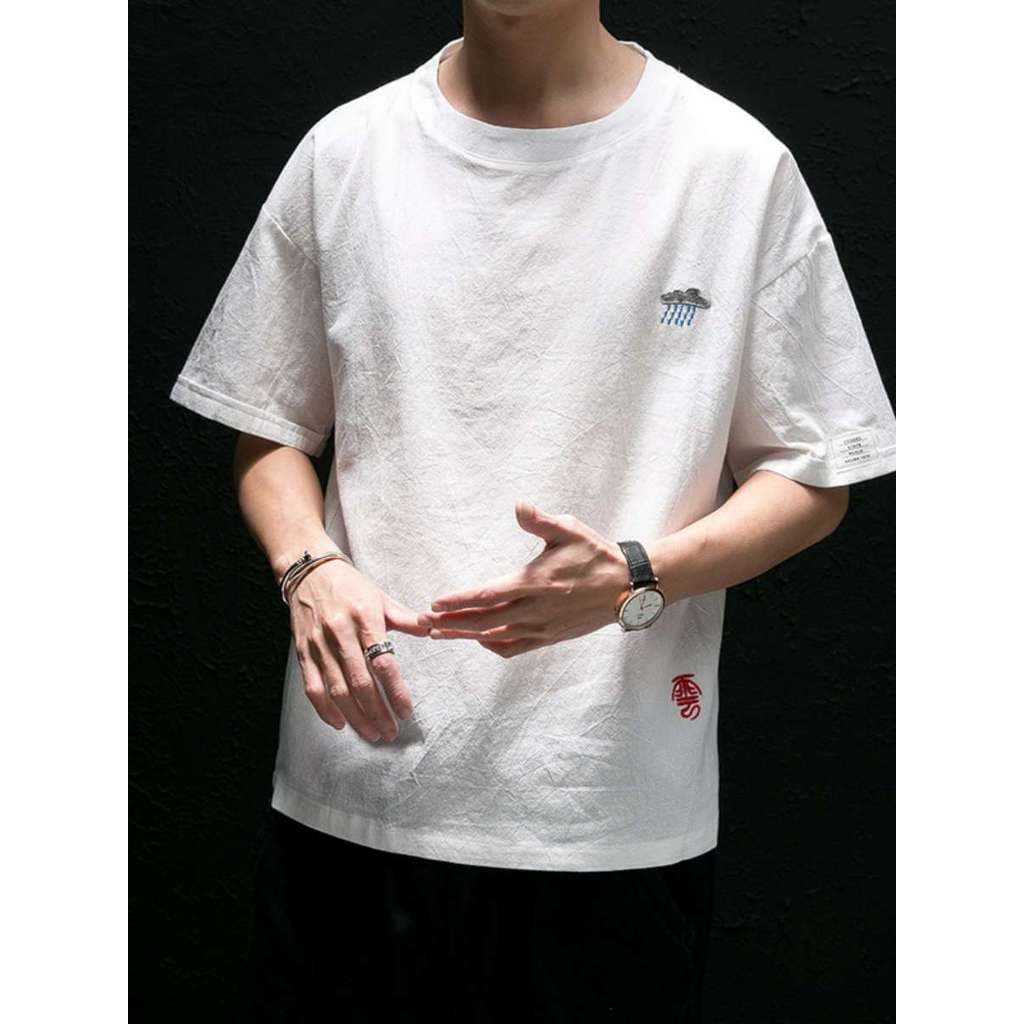 Verão novo estilo nuvem de manga curta linho chinês camiseta masculina solta tamanho grande algodão linho meia manga bor
