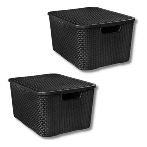 2 Cesto Caixa Organizadora Tampa Plástico Rattan 28x36x47cm Preto Lisa