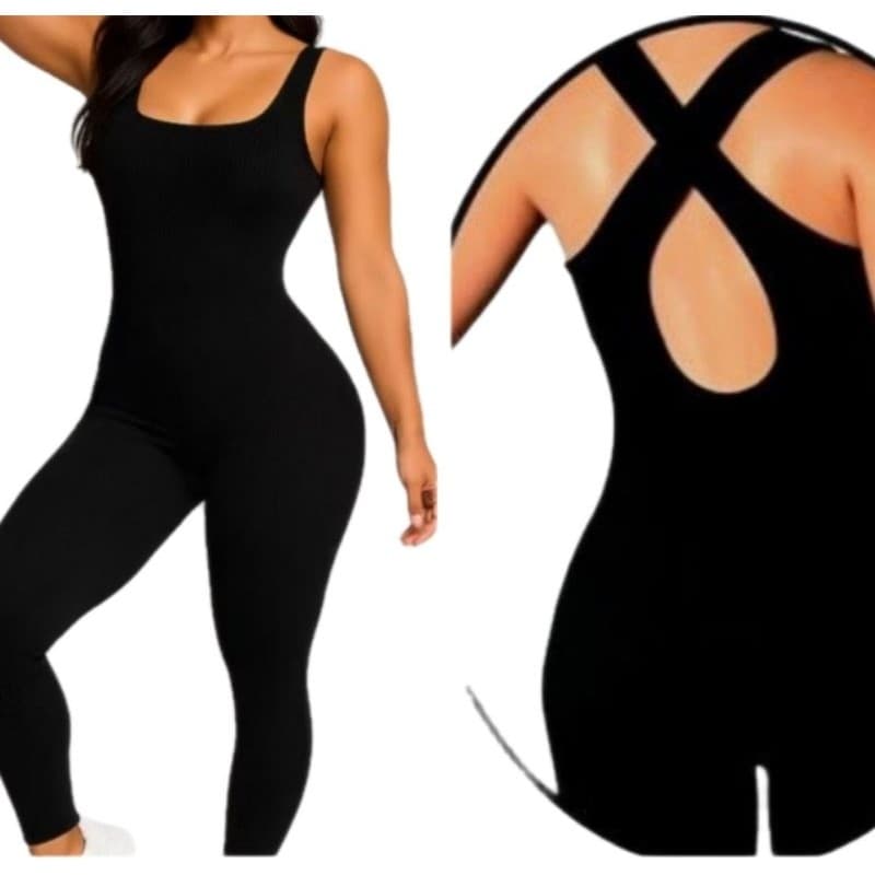 Macacão canelado feminino longo com bojo removível para academia yoga e trainings