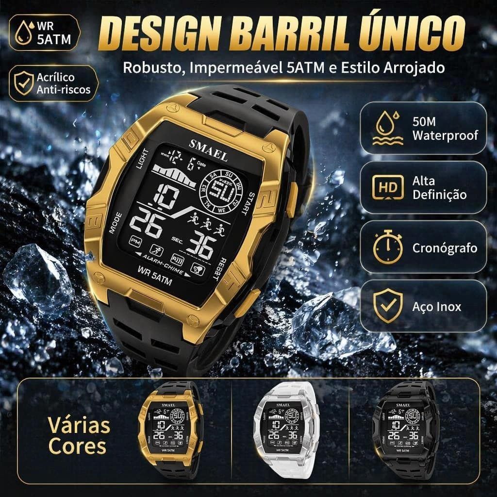 Relógio Masculino Digital Formato Barril Impermeável 50 Metros Cronógrafo com Alarme e Display de Data Pulseira em PU