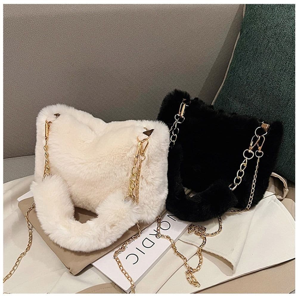 Bolsa de Ombro Única Feminina Fashionável, Bolsa de Corrente de Inverno Feminina Macia, Bolsa de Pelúcia Macia de Cor Só