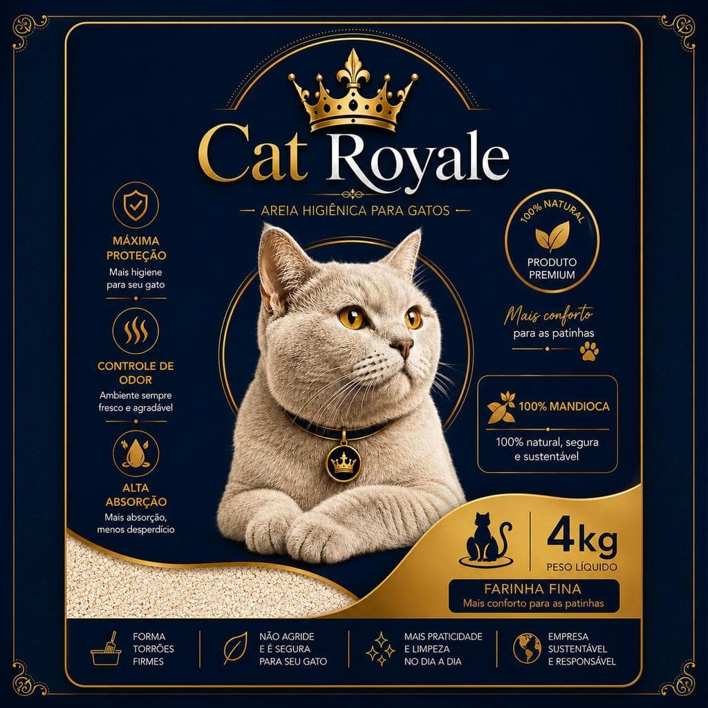 Areia de Gato Higiênica Biodegradável 100% de Mandioca CAT ROYALE - Areia Fina para Gatos 100% Mandioca - Premium
