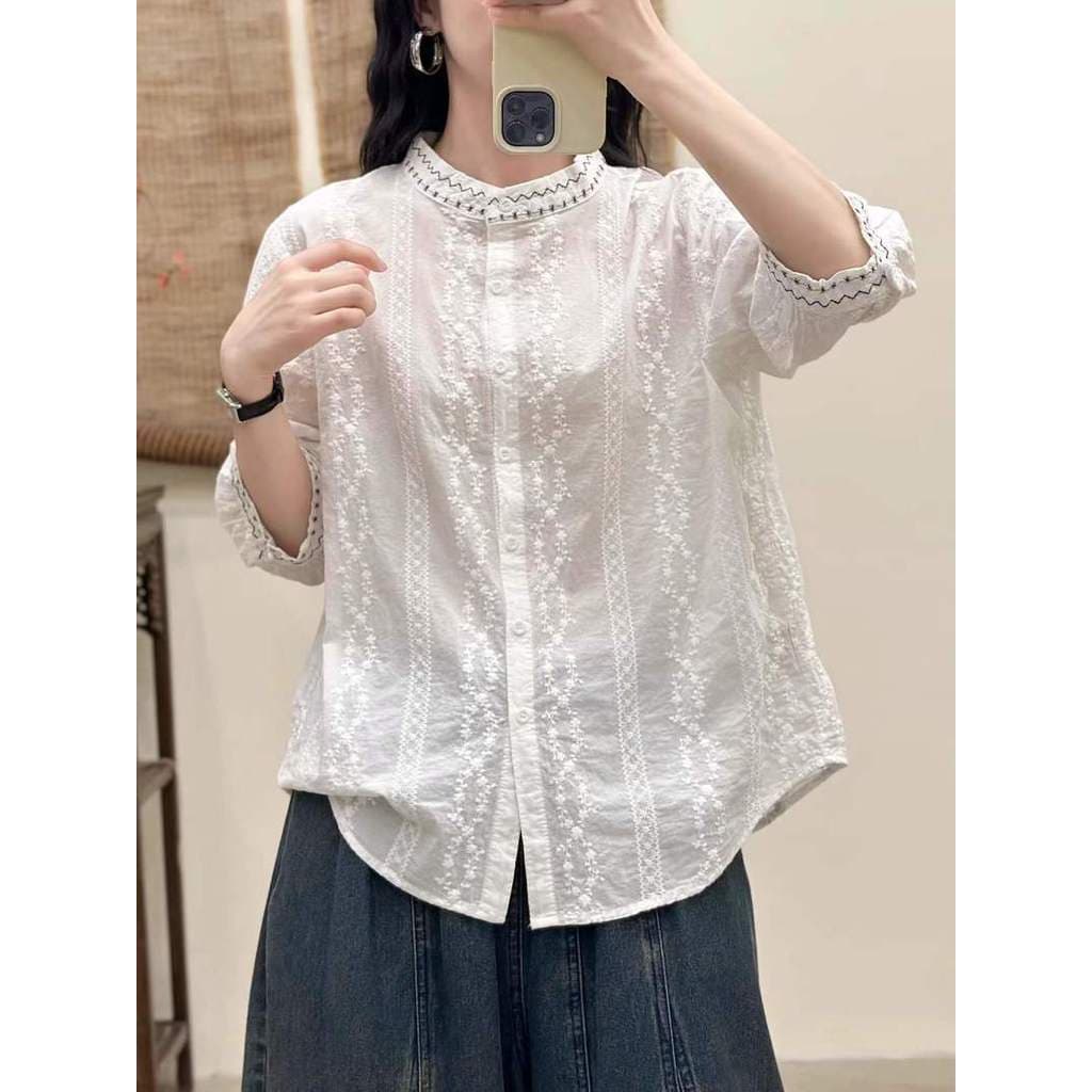 Japonês Mori feminino Jacquard gola alta bordado solto senhoras Cardigan camisa de manga curta