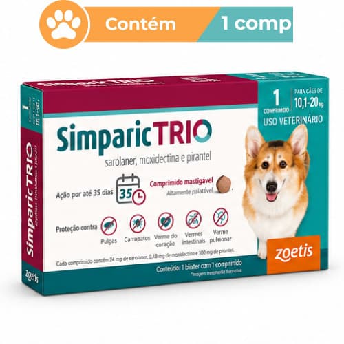 Antipulgas Simparic Trio 24mg Cães 10,1 a 20kg 1 Comprimido