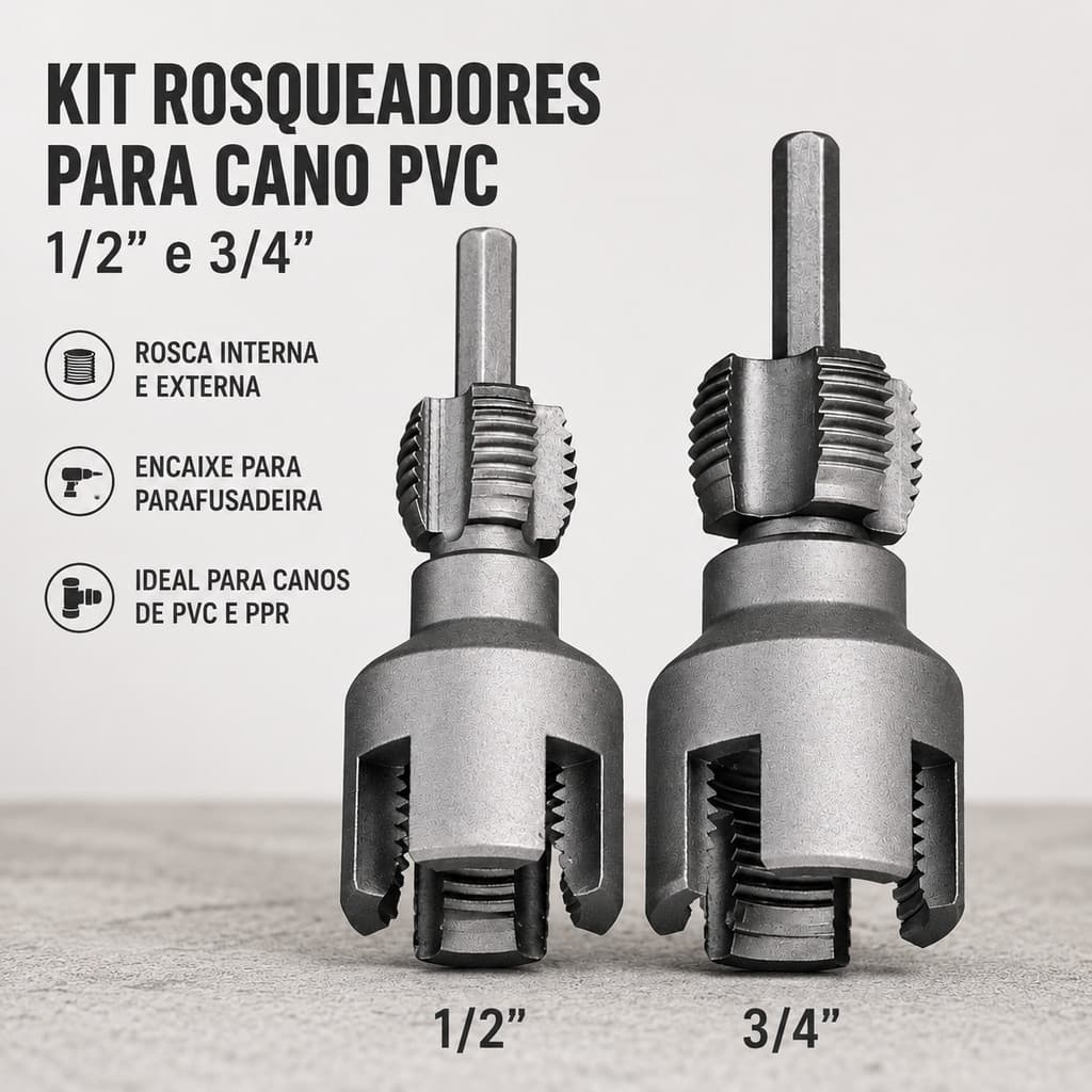Kit Abridor De Rosca Interna Externa Tubo Cano PVC Tarraxa 1/2 E 3/4 Encaixe Parafusadeira