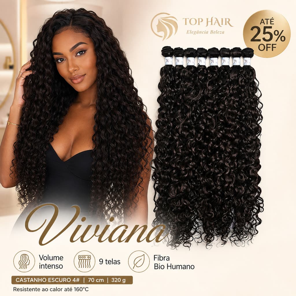 Cabelo Cacheado Vivian Fibra Bio Humano Macia com Colágeno 70cm 9Telas 320gr Top Hair VIVIANA
