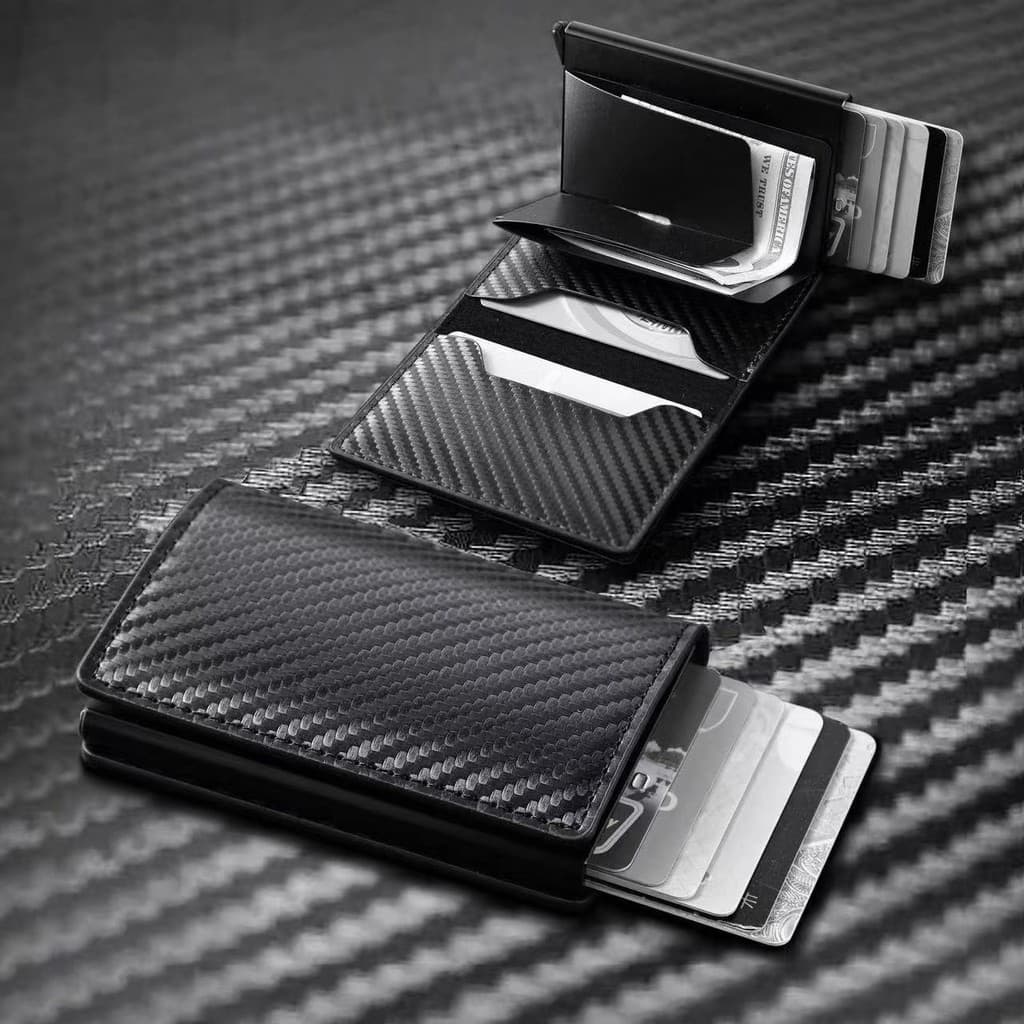 Nova carteira masculina Ultra-fina de fibra de carbono RFID titular do cartão automático bala titular do cartão de liga