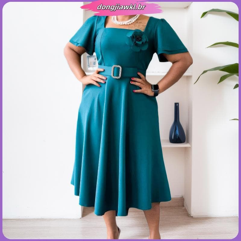 Vestido Midi Com Saia Larga E be lt , Estilo Evangélico Modesto .