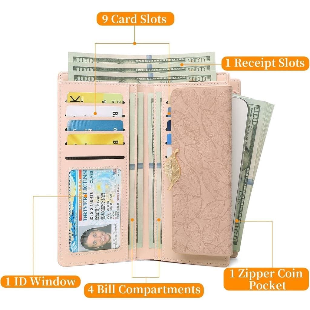 Carteira Feminina de Couro com Bloqueio RFID, Clutch Dobrável de Grande Capacidade, Porta-Cartões de Crédito com Zíper p