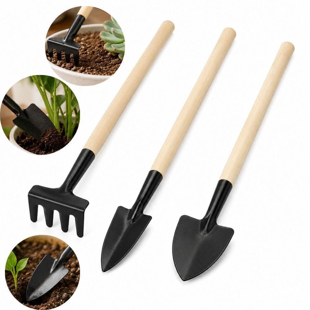 KIT JARDINAGEM 3 PECAS CABO MADEIRA CONJUNTO FERRAMENTAS HORTA MINI PA RASTELO ANCINHO TRANSPLANTATOR MUDAS