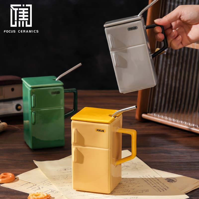 Criativo Retro geladeira palha com tampa copo de cerâmica engraçado escritório casal presente caneca de café