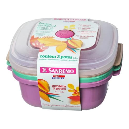 Pote Plástico Conjunto 3 Potes Quadrado 480ml Sanremo Color Sortido