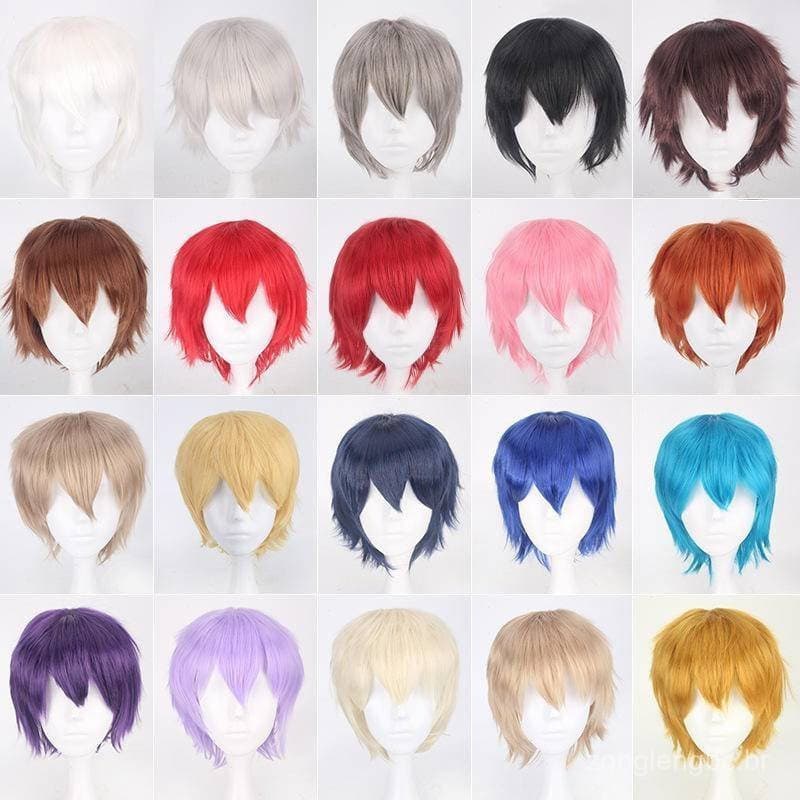 Perucas de cosplay de anime em cores universais para homens, cabelo curto, preto/verde/vermelho/azul/marrom/laranja/cinz