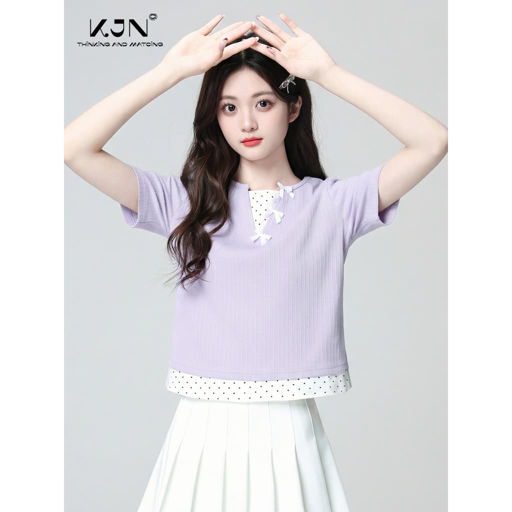 Roxo falso de duas peças de manga curta camiseta feminina primavera verão 2026 primavera novo estilo bolinhas costura ar