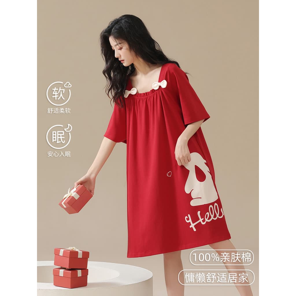 Fenteng Ke'an camisola feminina verão puro algodão feminino fino de manga curta coelho pijamas feminino 2026 novo estilo