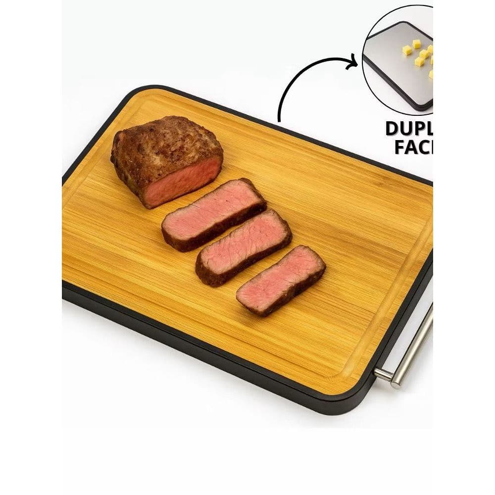 Tábua De Corte e Frios Antibacteriana Tabua De Carne Dupla Face, Bambu e Inox Tabua De Cozinha Inox Retangular Churrasco