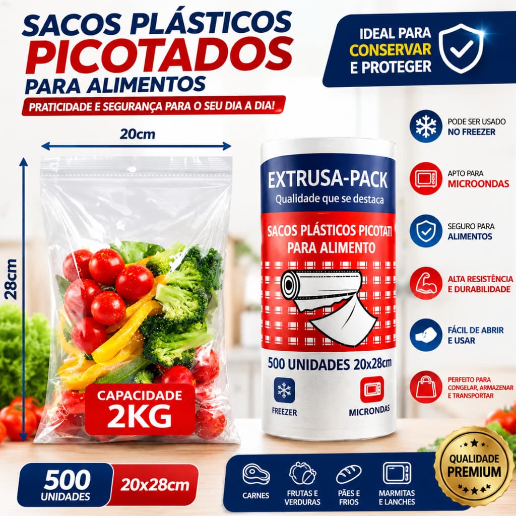 500 Sacos Plásticos Picotados Para Alimentos 20x28cm – Rolo Descartável Cozinha Freezer Micro-ondas