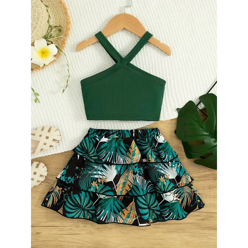 Conjunto Menina 3-8 Anos Top Halter + Saia Longa Estampa Tropical Verão Praia