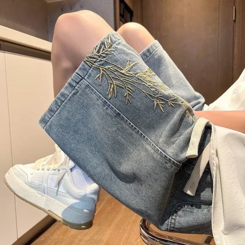 Shorts jeans bordados lavados masculinos estilo fino calças médias estilo americano rua All-Match solto esportes retos c