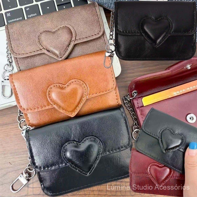 Porta-Cartões Feminino Leve em Couro PU - Carteira com Clipe para Cartões em Forma de Coração - Kaw Storage Bags BJLZ