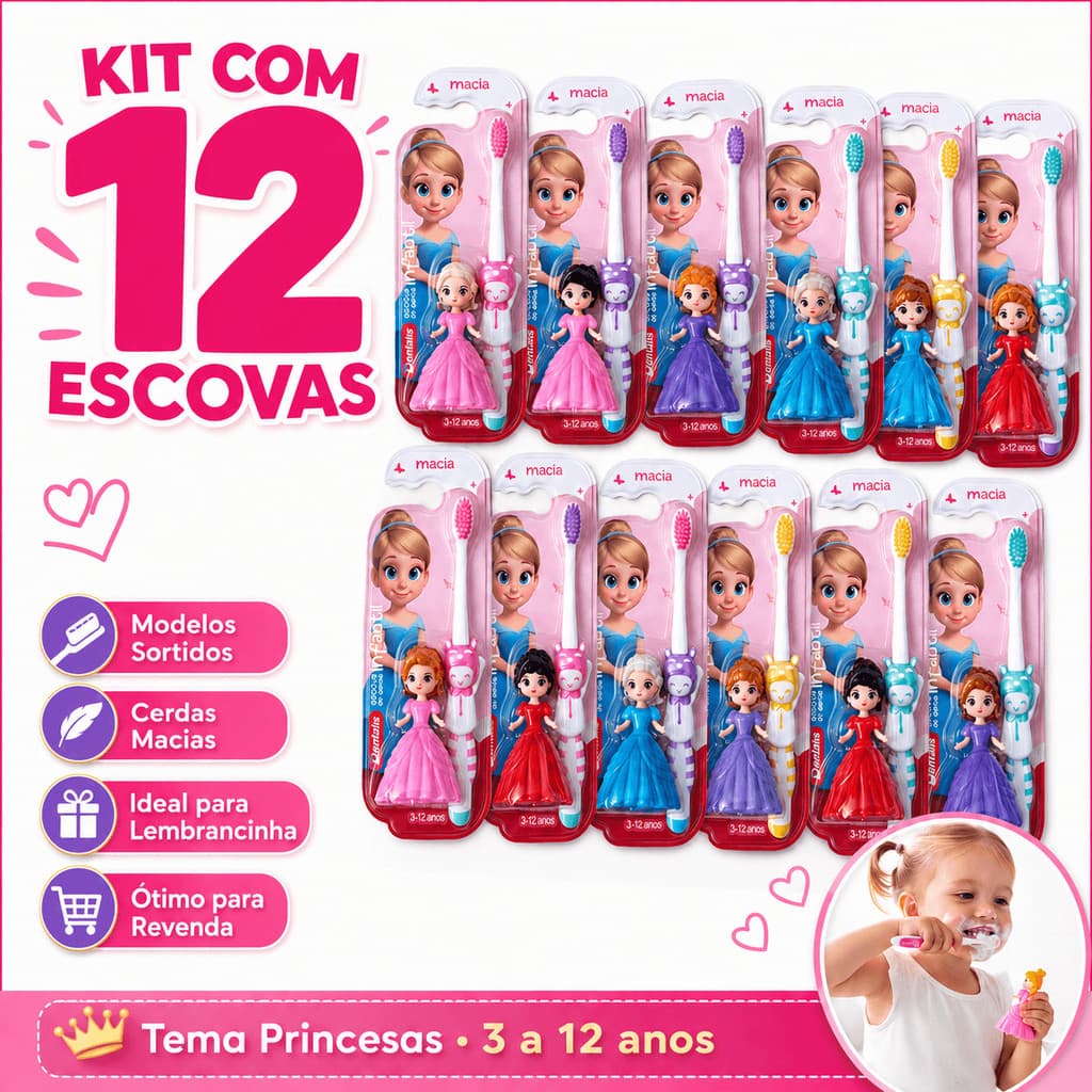 Kit 12 Escovas de Dente Infantil Princesas Cerdas Macias Lembrancinha Festa Atacado Revenda