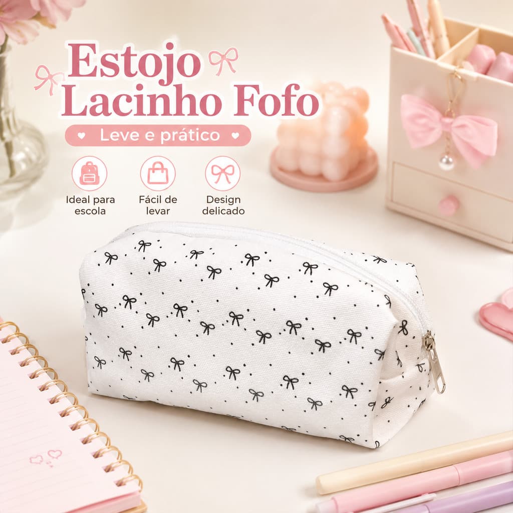 Estojo Lacinho Fofo Preto Branco Kawaii Escolar Estudante Leve Prático Porta Lápis