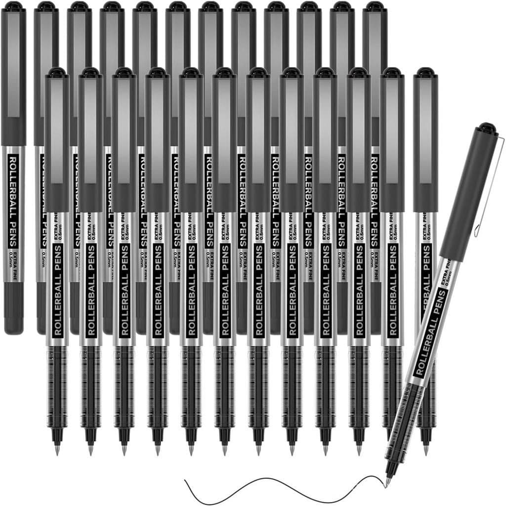 Canetas Rollerball Shuttle Art, Pacote com 25 Canetas Pretas de Ponta Fina, Canetas de Tinta Líquida de 0,5mm para Escri
