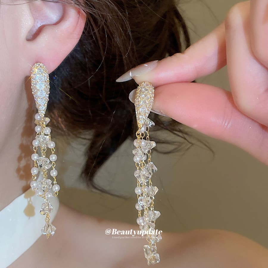 Agulha de prata cheia de diamante zircão pérola borla brincos novo estilo luz luxo High-End brincos banquete vestido bri