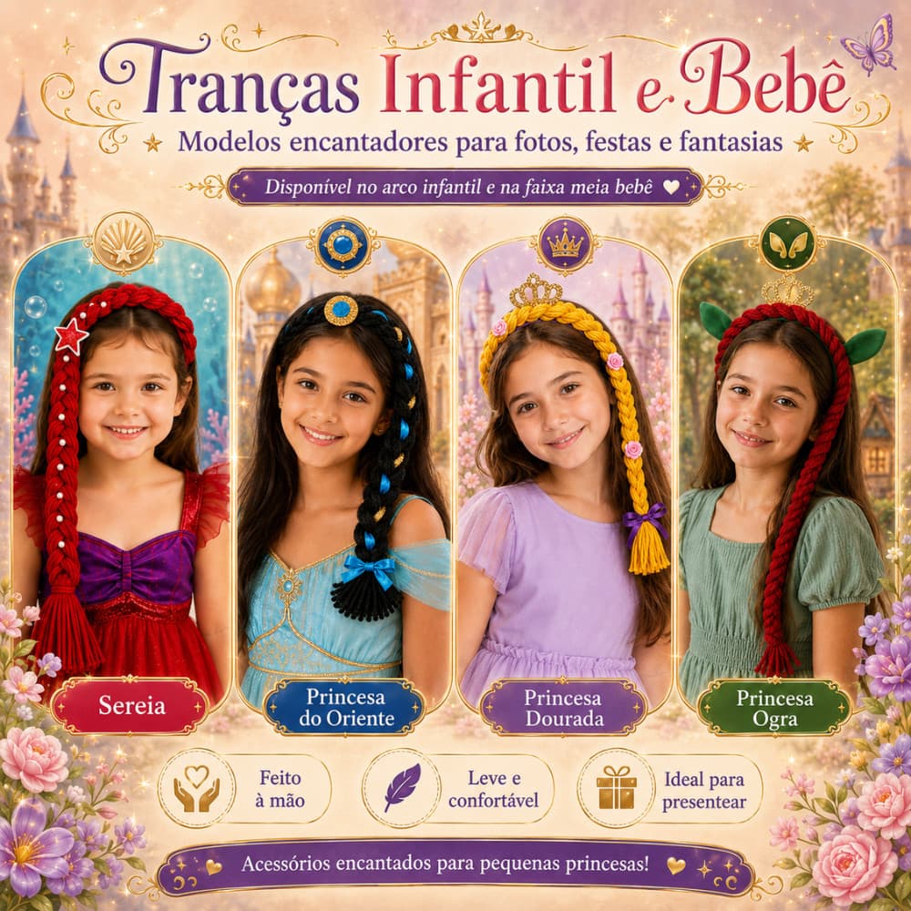 Trança de Princesa Infantil e Bebê com Arco ou Faixa Meia Acessório para Fantasia Festa