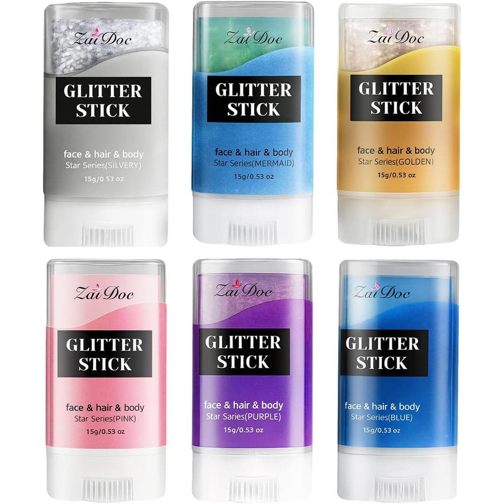 6Pacs Bastão de Glitter Corporal à Prova d'Água, Gel de Glitter para Cabelo, Sombra, Rosto e Corpo, Brilhante e de Longa