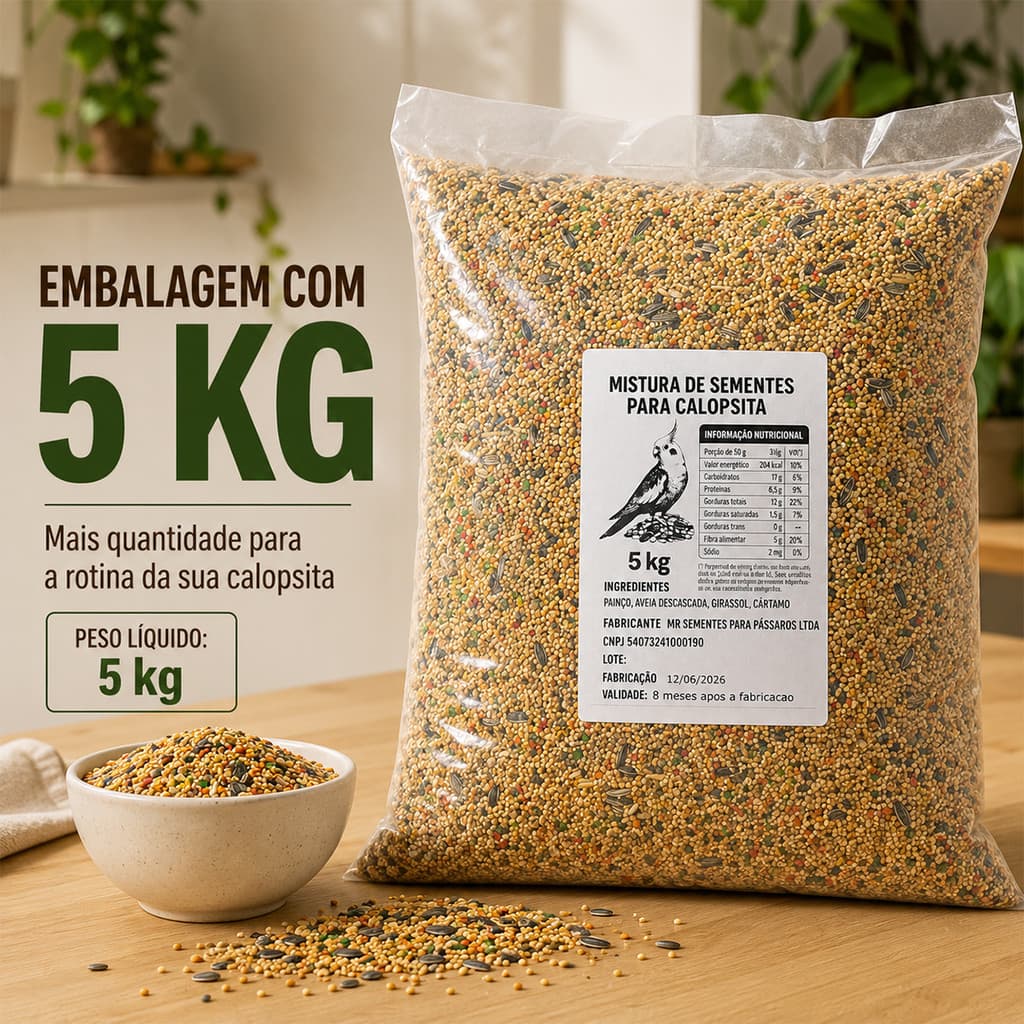 Ração Para Calopsita Mistura Com Painço Aveia Cártamo Girassol Extrusado Pacote 5Kg