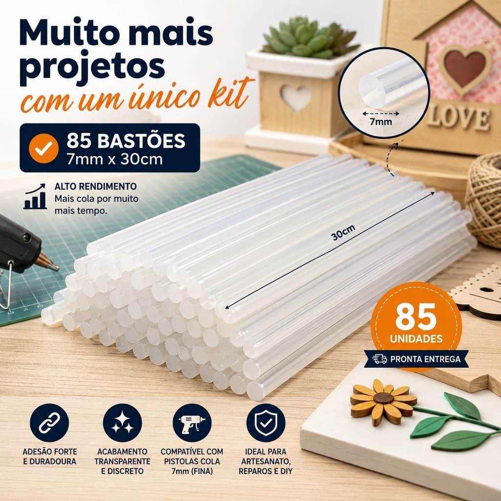Kit 85 Bastões Cola Quente Transparente 7mm x 30cm Refil para Pistola Fina Artesanato MDF EVA Madeira Tecido Papel