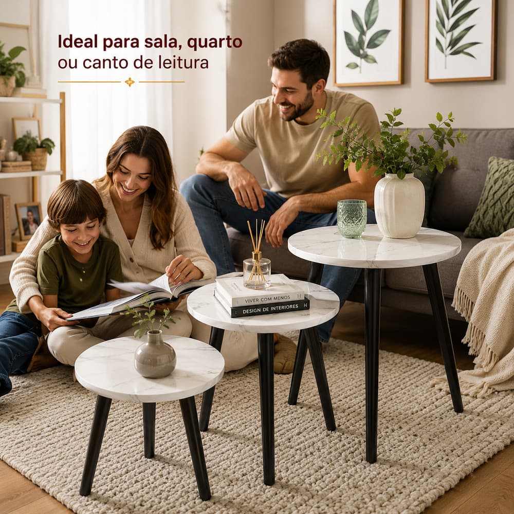 Conjunto Mesas Laterais 3 Peças Empilháveis, Superfície Branca Com Veios, Estrutura Firme Para Uso Em Sala E Quarto