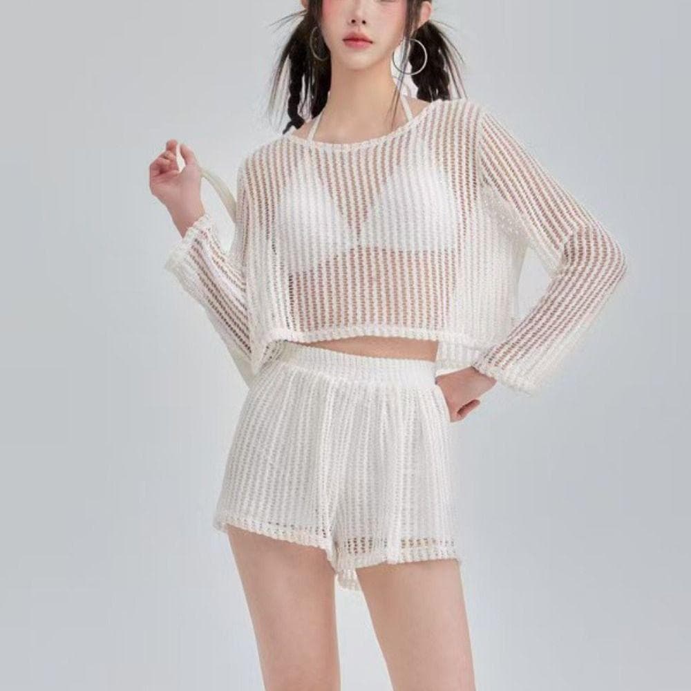 Maiô De Malha De Crochê MSEADA , Roupa De Praia Vazada De Manga Comprida , Roupas