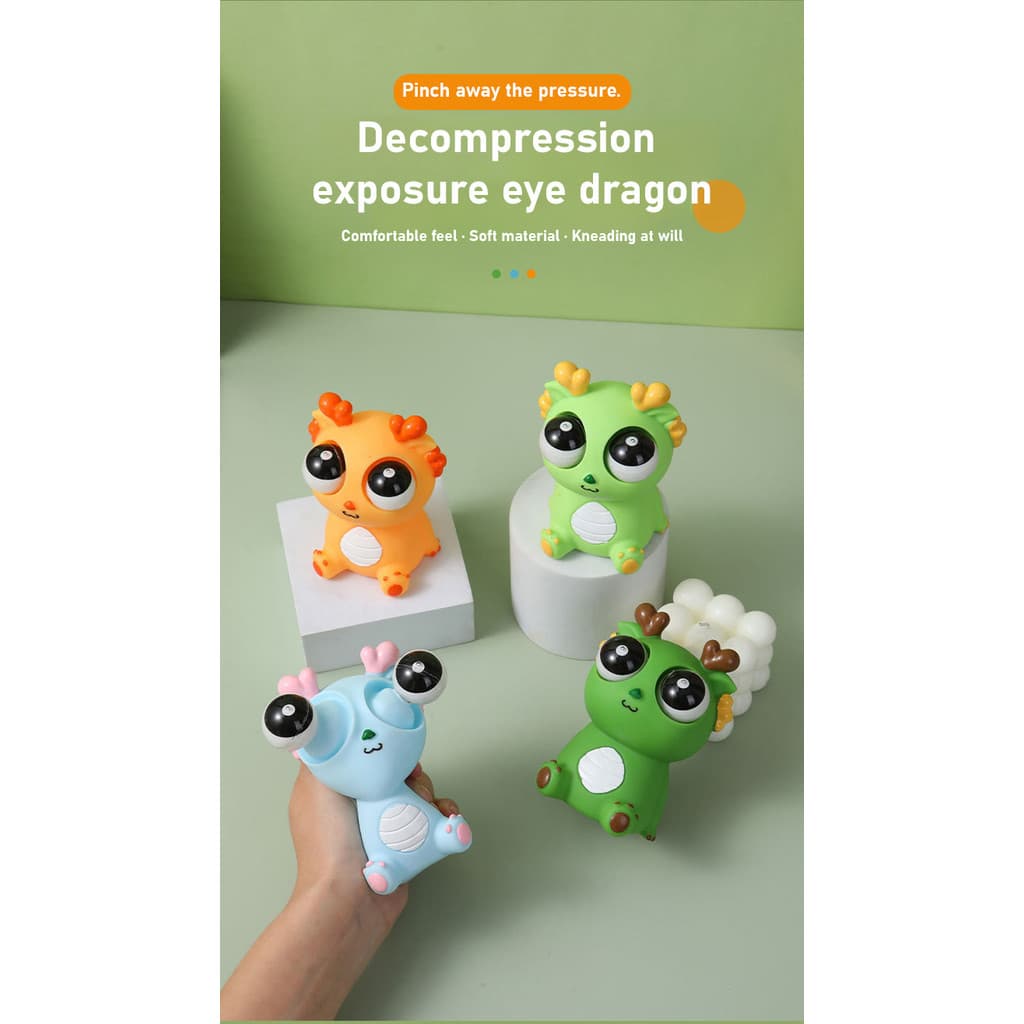 Brinquedos antiestresse: Pequenos pratos, panda observador, dragão com olhos saltados.