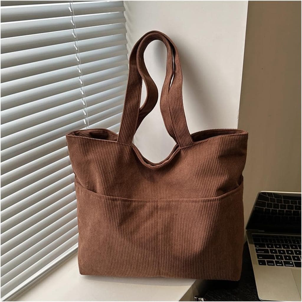 Bolsa feminina, bolsa casual de veludo cotelê com zíper, bolsa de ombro de grande capacidade com alça.
