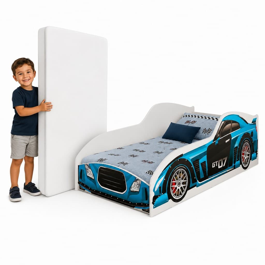 Cama Fórmula 1 Azul Com Colchão Moderna Segura Resistente Quarto Menino