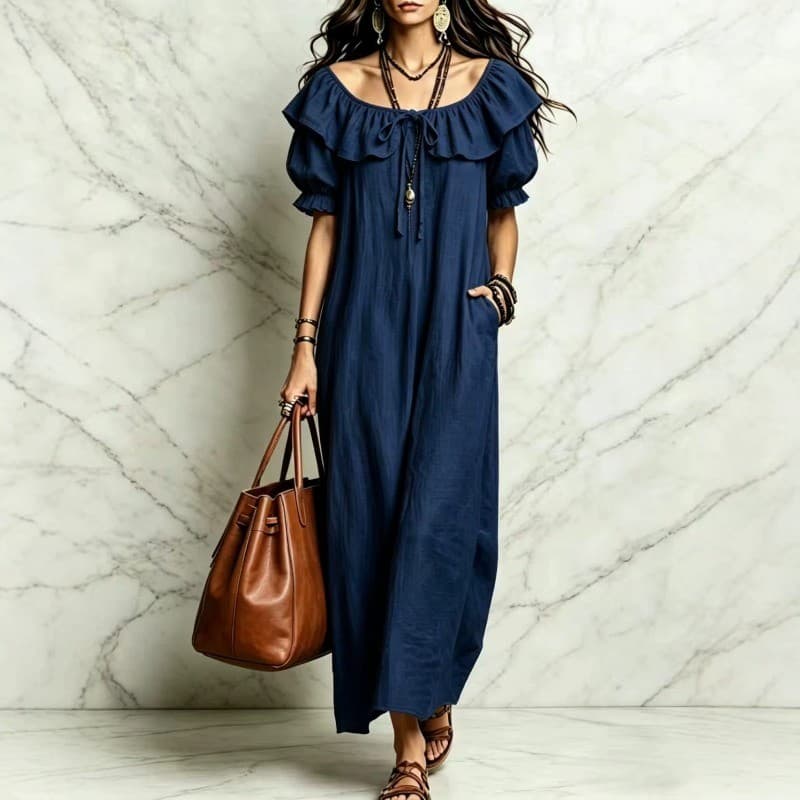 Vestido Maxi Feminino De Linho Verde Babado Pescoço Puff Manga Curta Solto Longo Casual Com Bolso De Praia