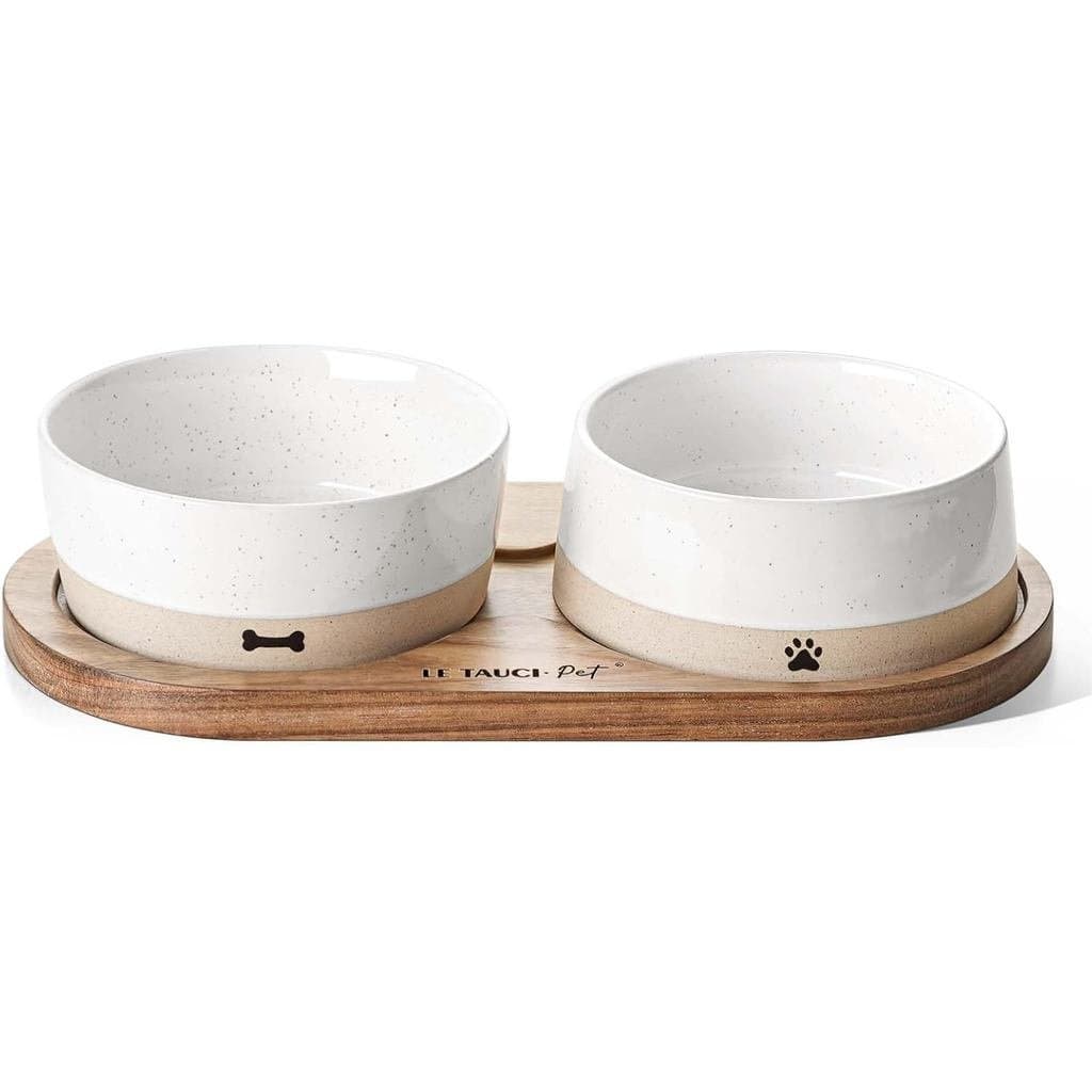 Conjunto de Tigelas para Cães e Gatos LE TAUCI PET com Bandeja de Madeira de Acácia - 2 Tigelas de Cerâmica para Filhote