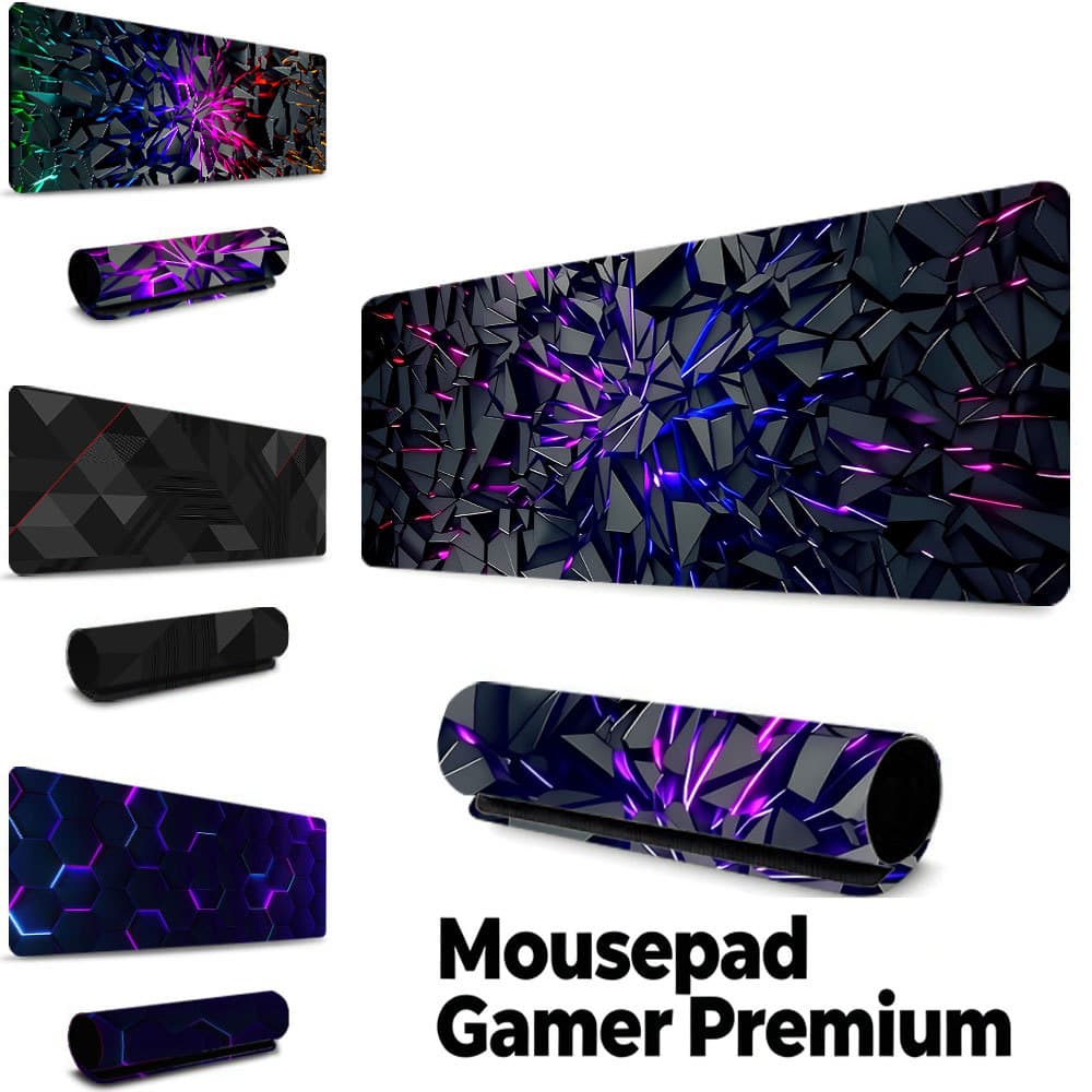 Tapete Gamer Geométrico Roxo Neon, borda costurada, base borracha antiderrapante, à prova d'água mesa notebook