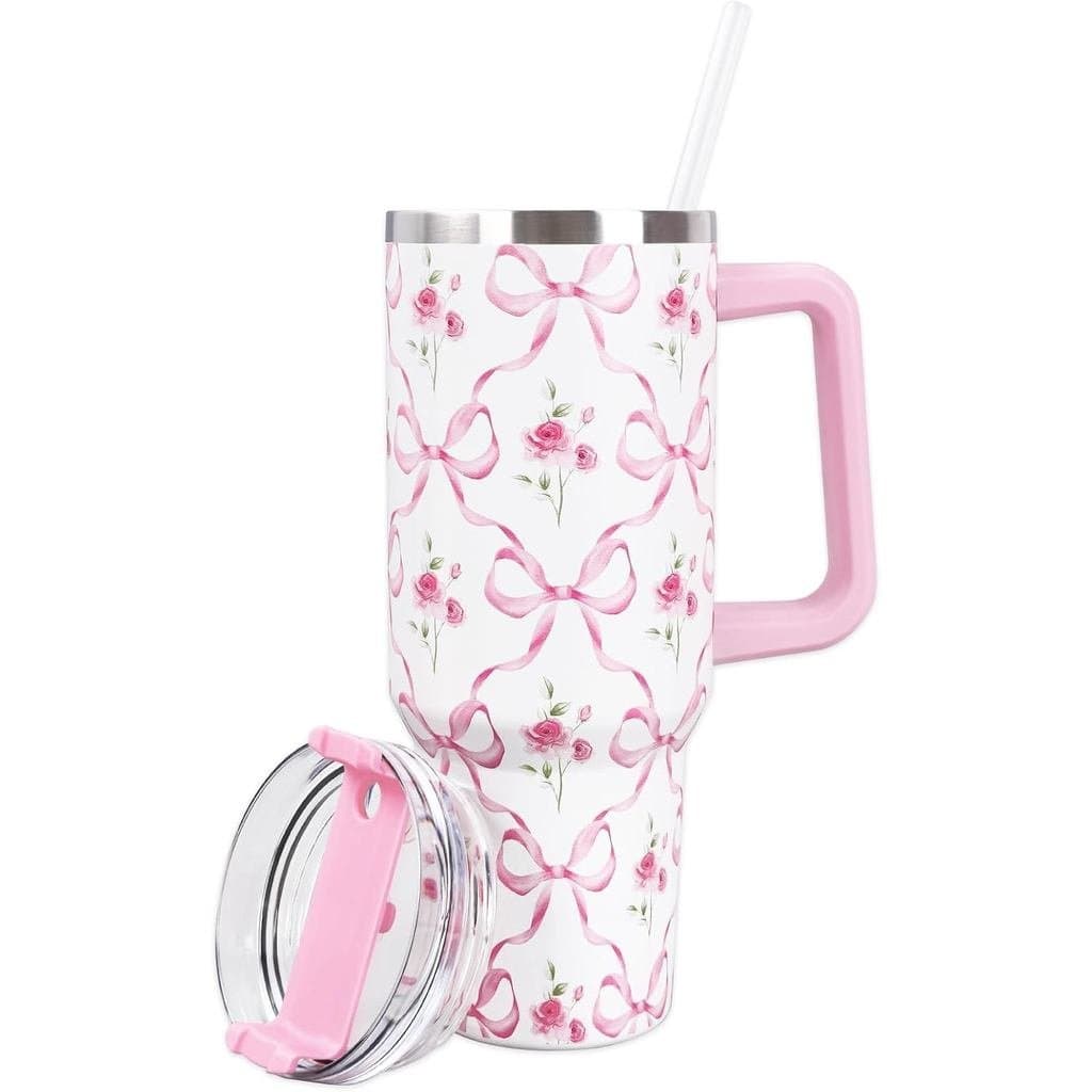 Copo de Vidro com Tampa, Estampa de Flores em Aquarela, 40 oz, com Laço de Aço Inoxidável, Alça Rosa e Canudo,