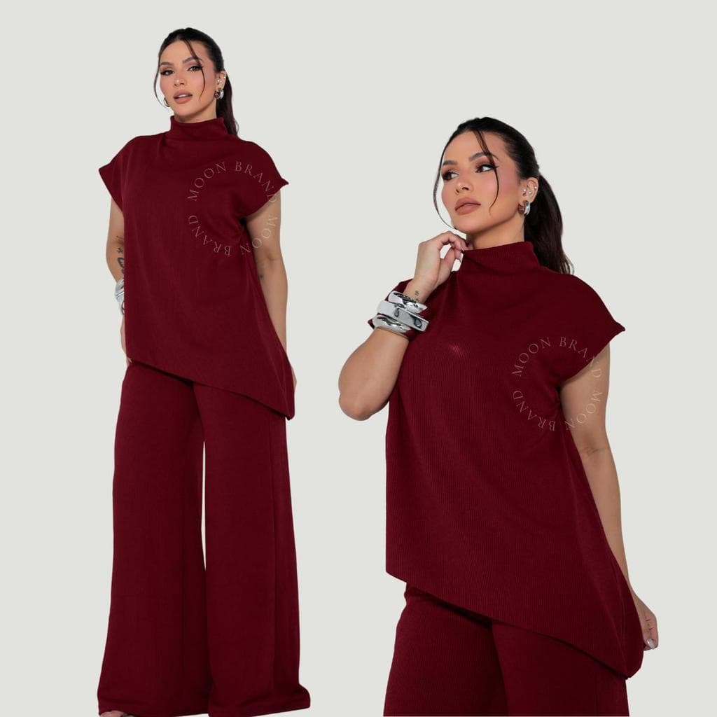 Conjunto Feminino Blusa Assimétrica e Calça Pantalona - Gola Alta Elegante e Moderna